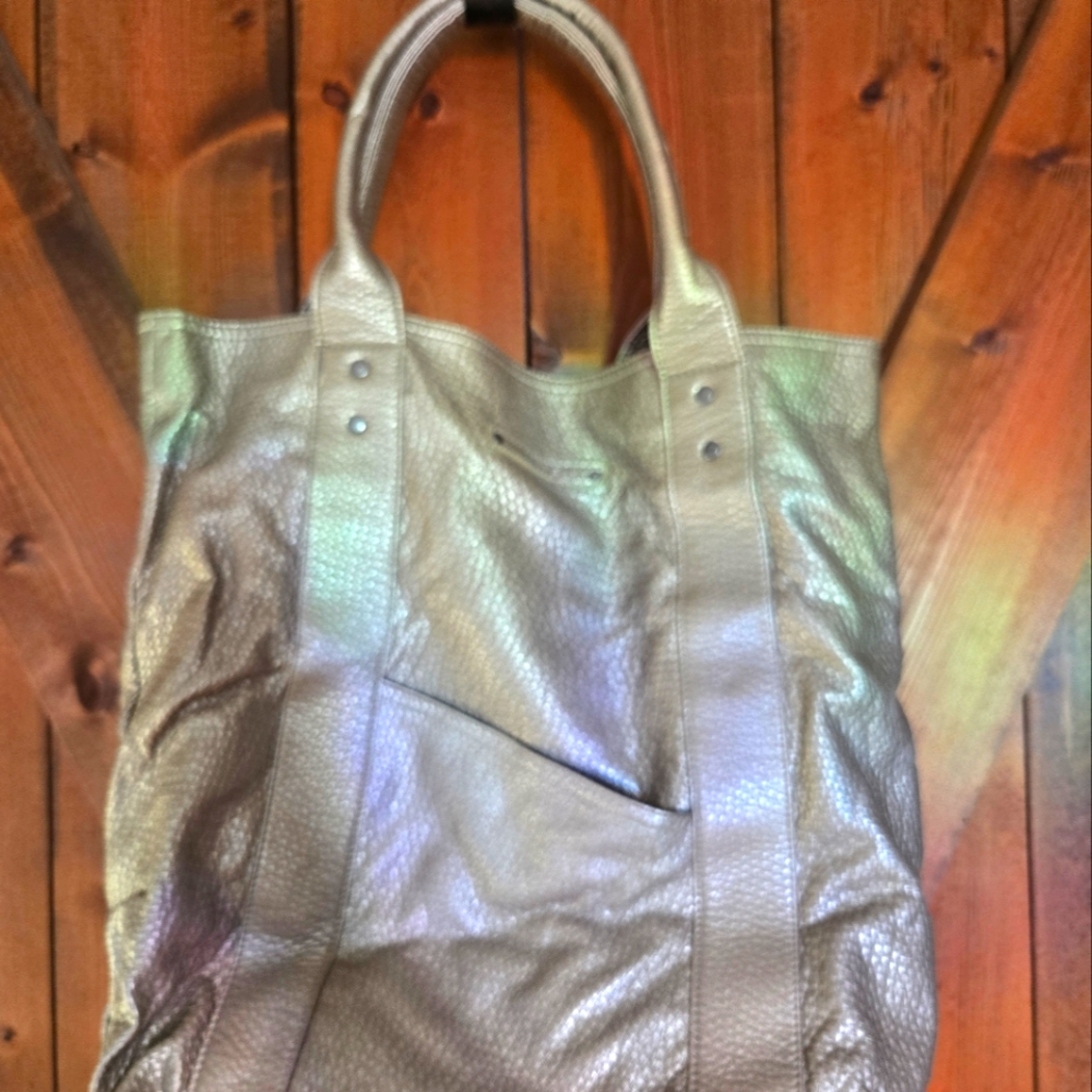 Silver Iridescent Tote Bag with Relaxed Shape and Thick Handles